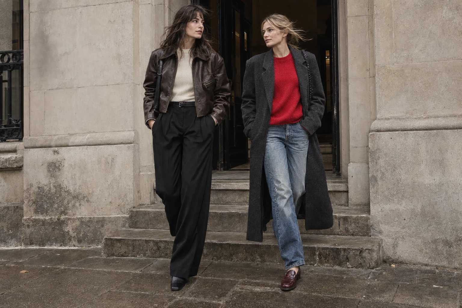 Two models outside a stone doorway in a red knit and brown leather jacket