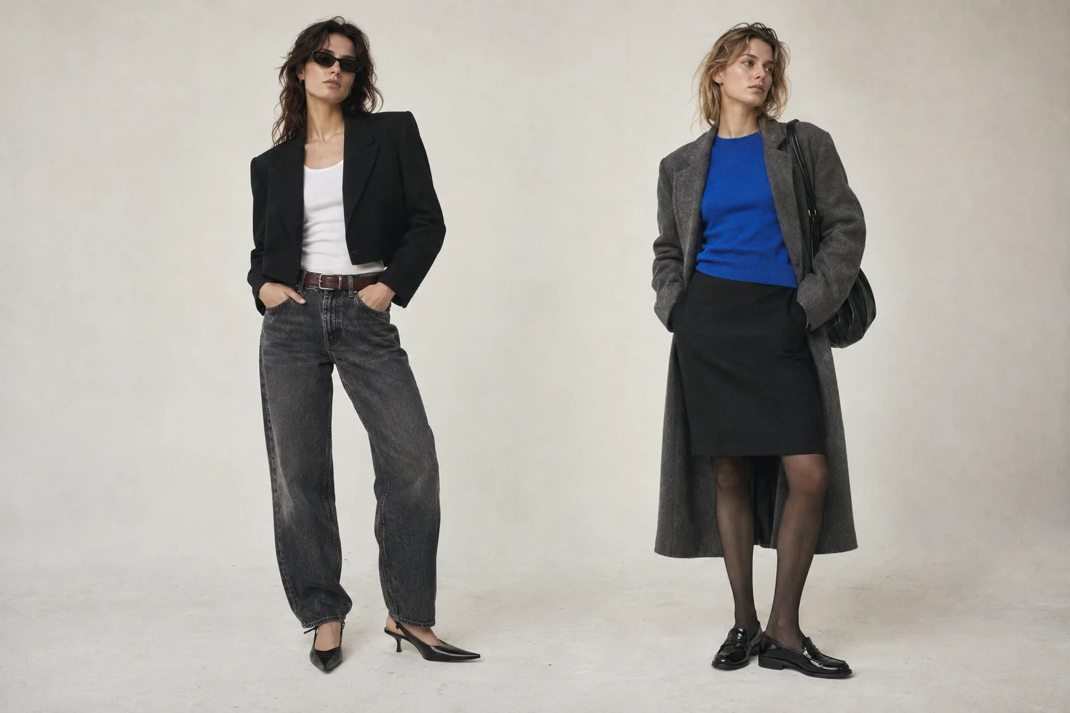 Two editorial looks: cropped black tailoring and a long gray coat with cobalt knitwear