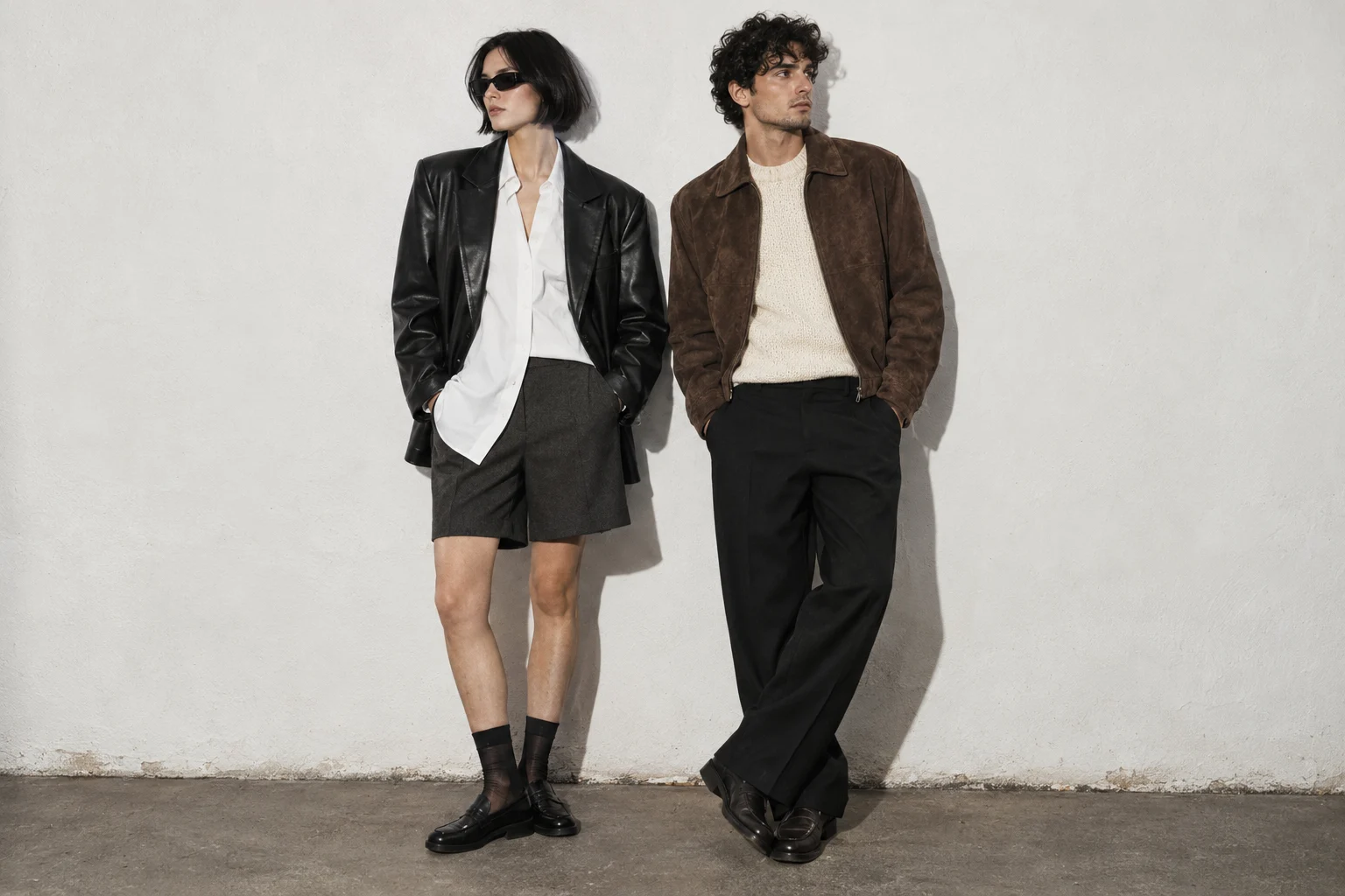 Two models in contrasting black leather and brown suede layers against a pale wall
