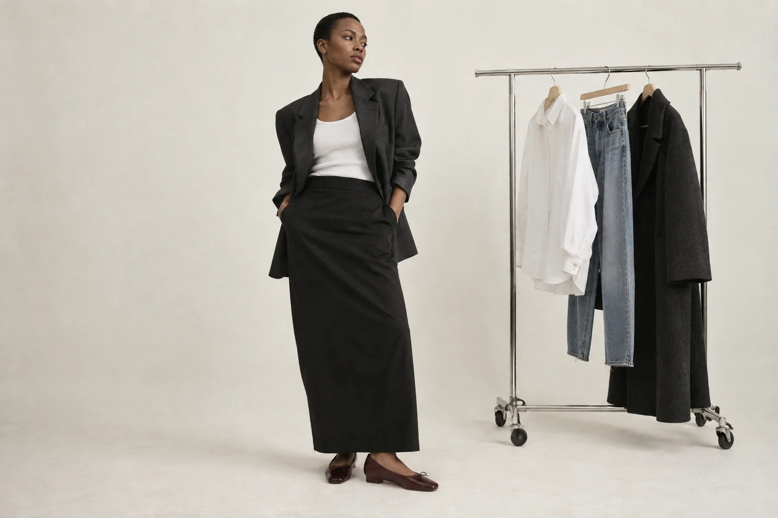 A model in charcoal tailoring beside a rail of white shirts, denim and outerwear