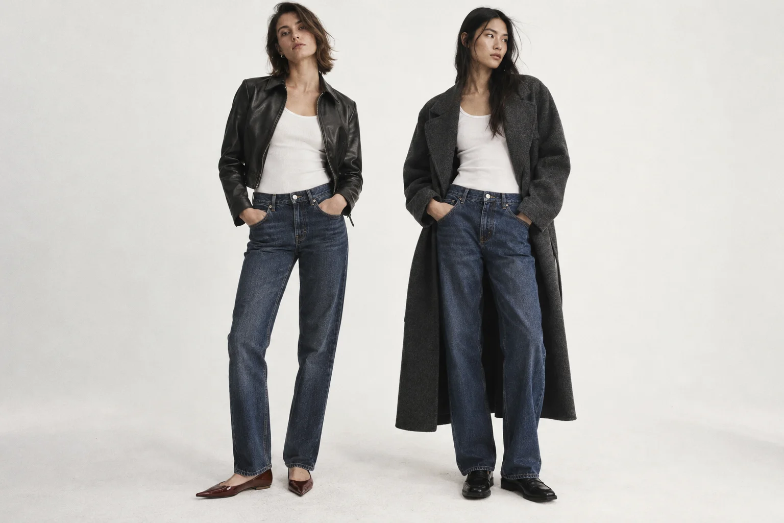 Two denim and white-tank looks with a cropped leather jacket and a long charcoal coat