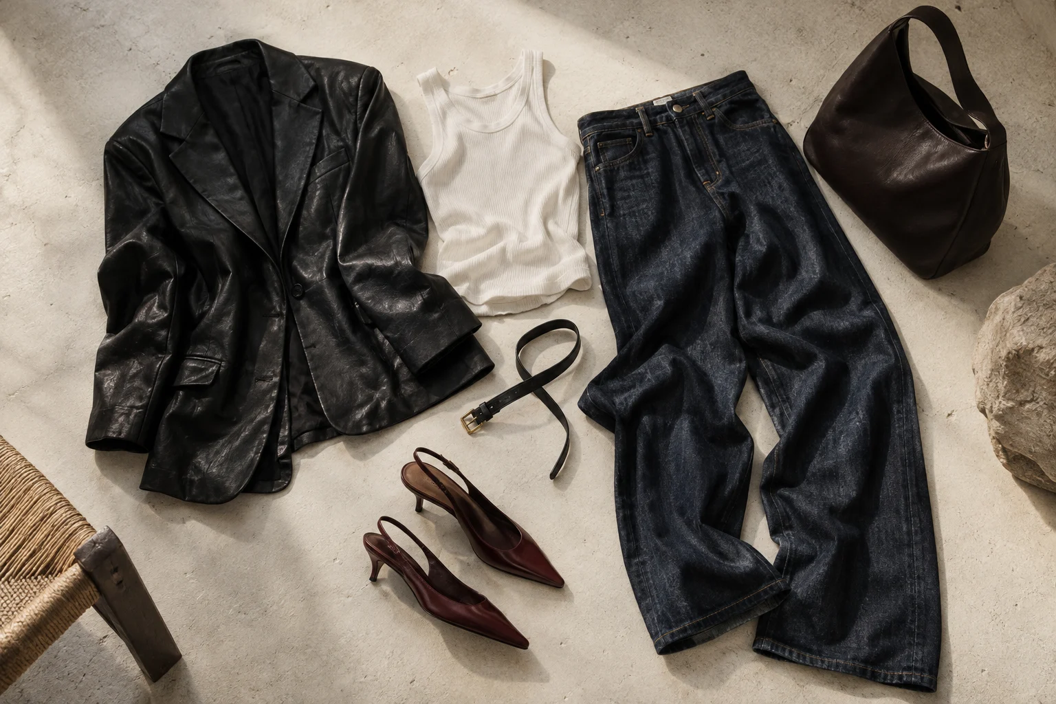 Leather tailoring, an ivory tank, dark denim and oxblood shoes arranged on stone