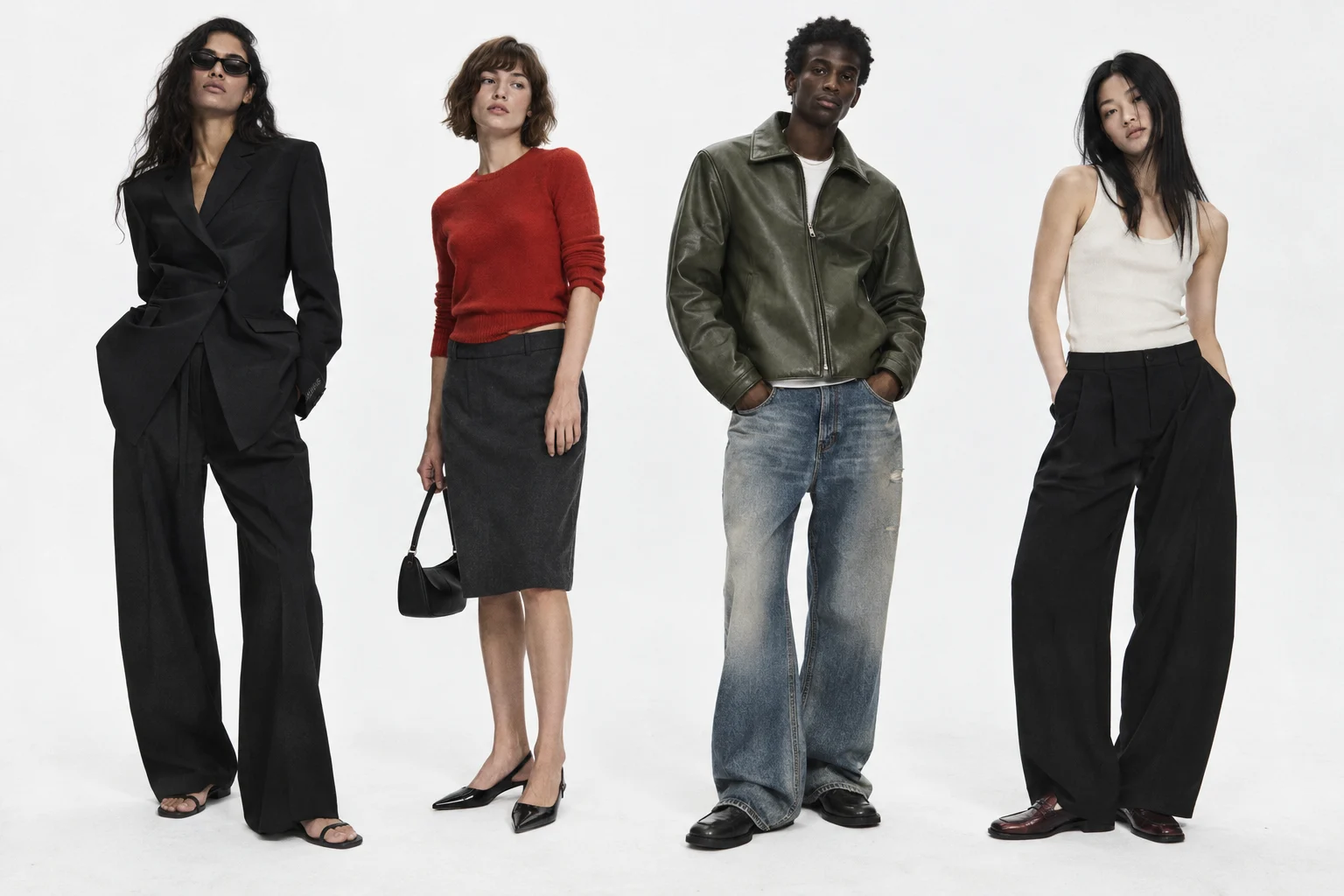 Four styled looks combining black tailoring, red knitwear, moss leather and ivory cotton