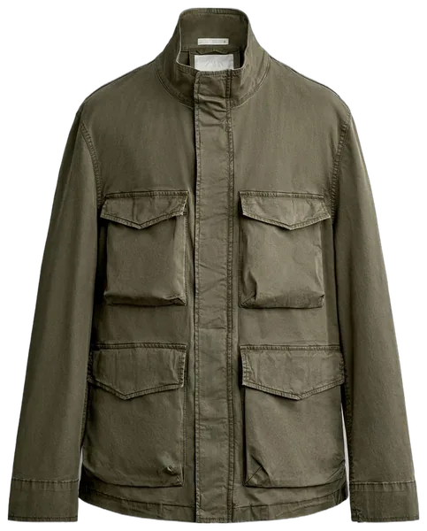 Khaki jacket with a stand collar and four front pockets