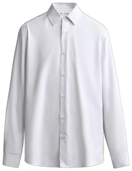 White long-sleeve button-front shirt with a pointed collar