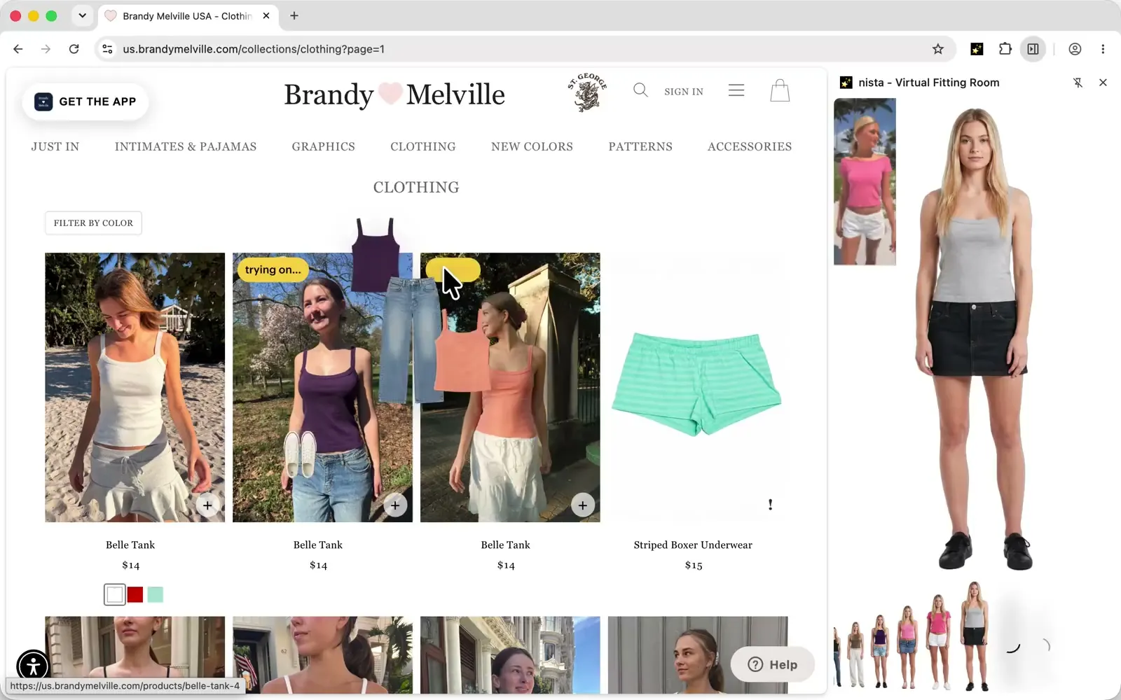 Existing nista homepage demonstration beside a Brandy Melville shopping page