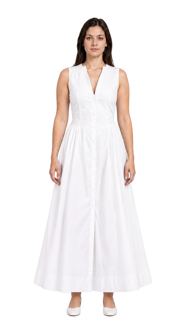 Actual nista output of a white sleeveless button-front dress